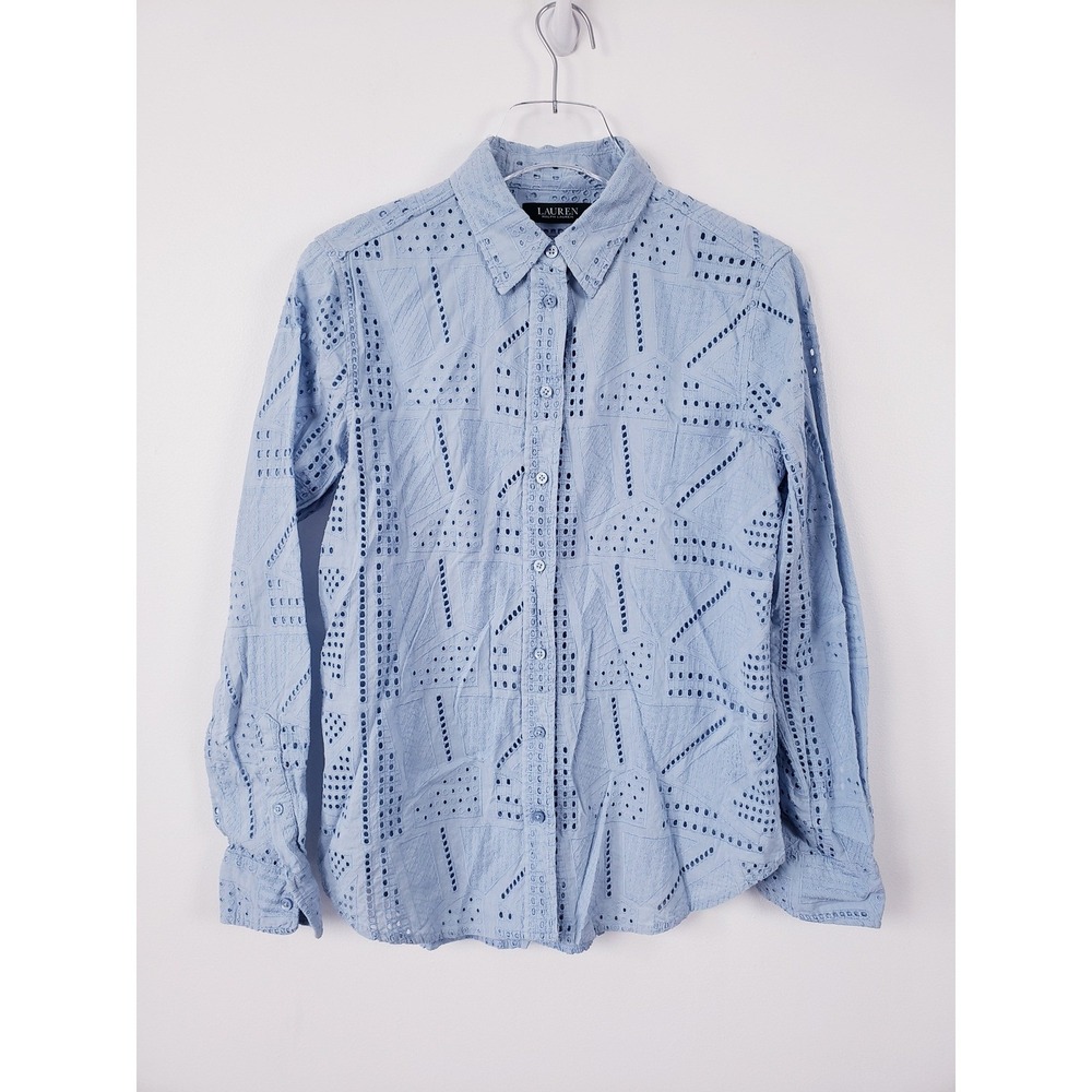 Lauren Ralph Lauren Eyelet Button Down Shirt Light Blue Geometric Embroidery S - Picture 1 of 6